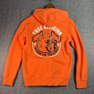 Men True Religion Zip Hoodie Medium Papaya Orange Buddha Logo-NWT